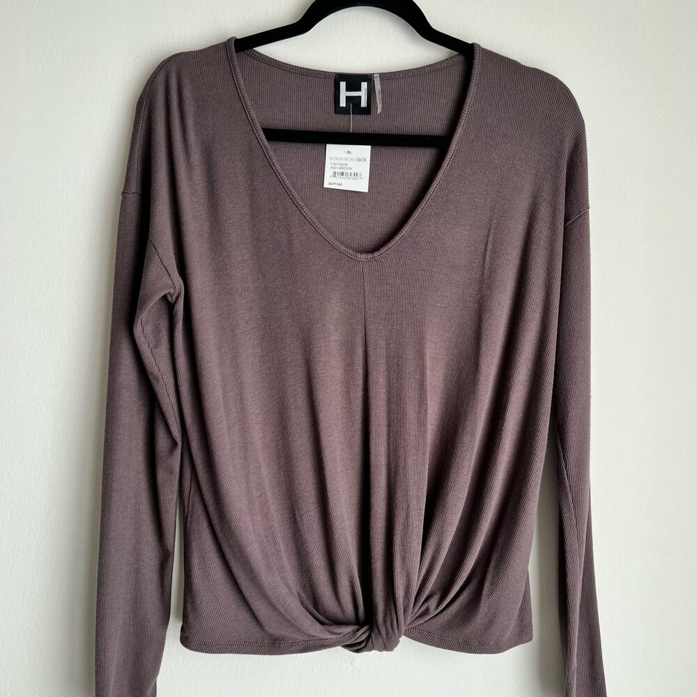 NWT H by Bordeaux Ash Brown Ribbed Twist Front Long Sleeve Top Small